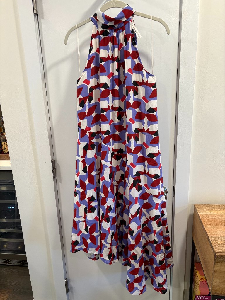 By Anthropologie Silk Halter Midi Dress Featuring A Vibrant Geometric Pattern